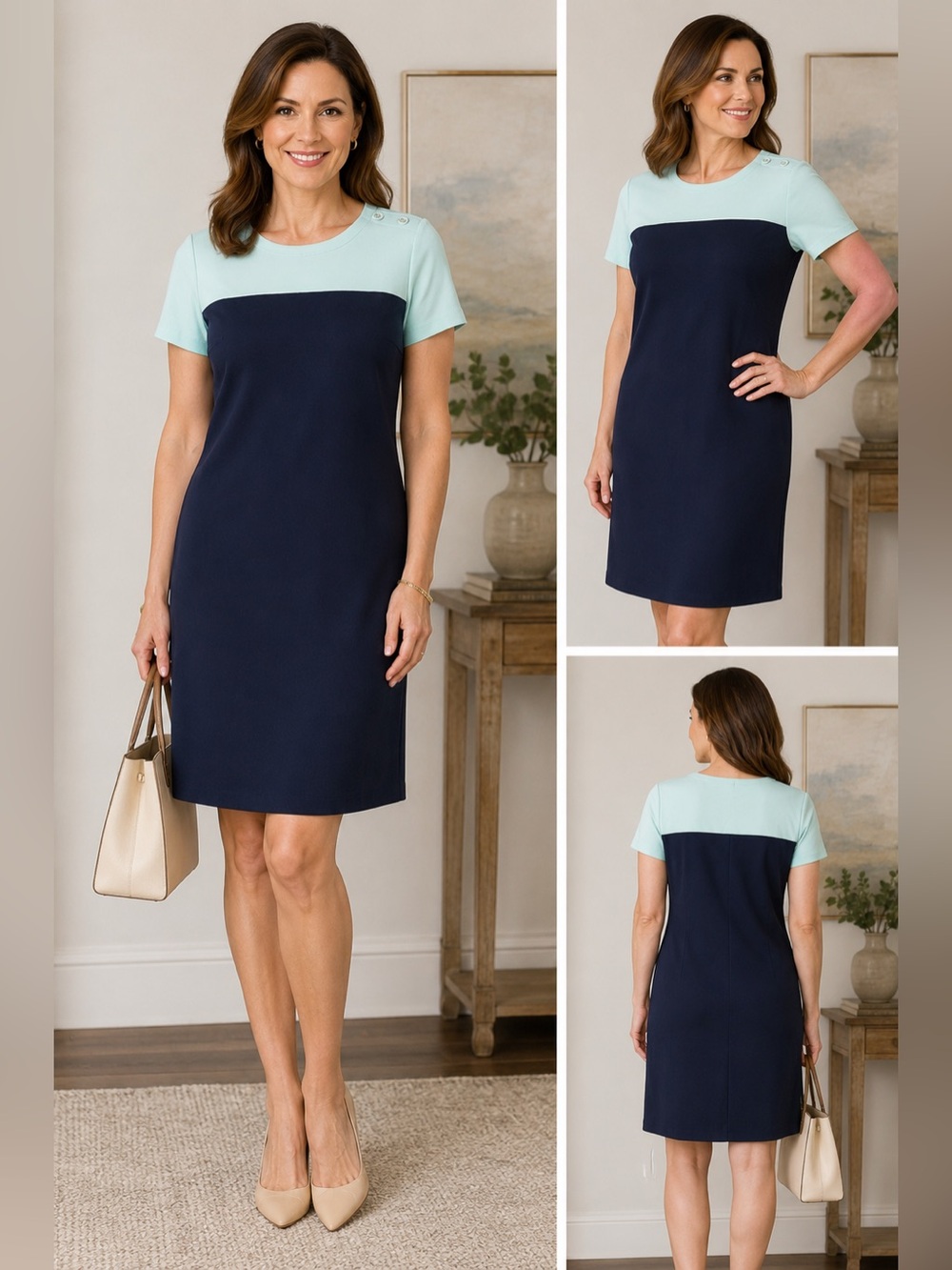 Talbots XL Colorblock Cotton Shift Dress Coastal Preppy Classic Navy Aqua Career